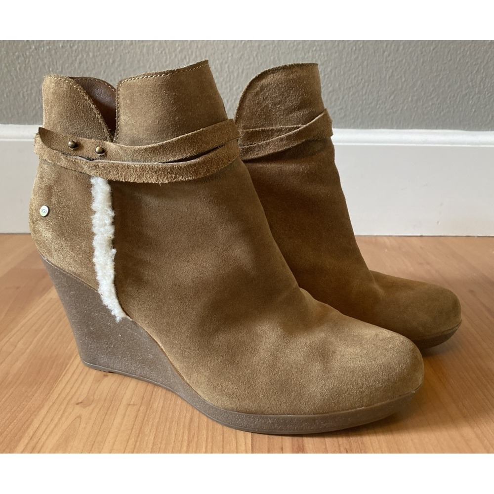 Ugg Alexandra Brown Chestnut Suede Wedge Ankle Boots Zip Booties Size 9 Sherpa - Picture 2 of 12